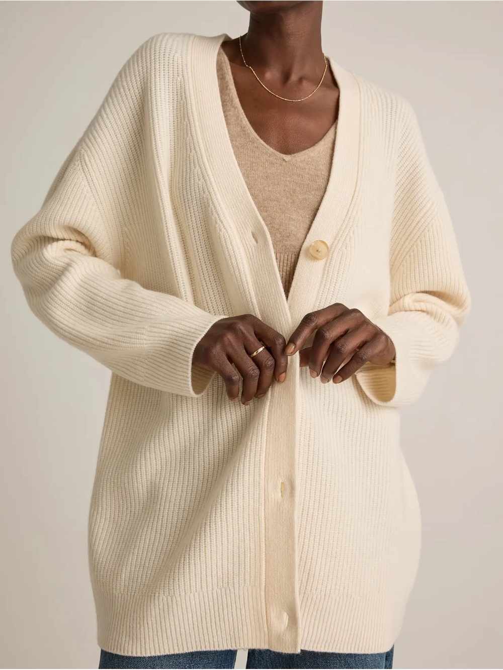 Classic Cream Button-Front Ribbed Cardigan Sweater - Picture 4 of 5